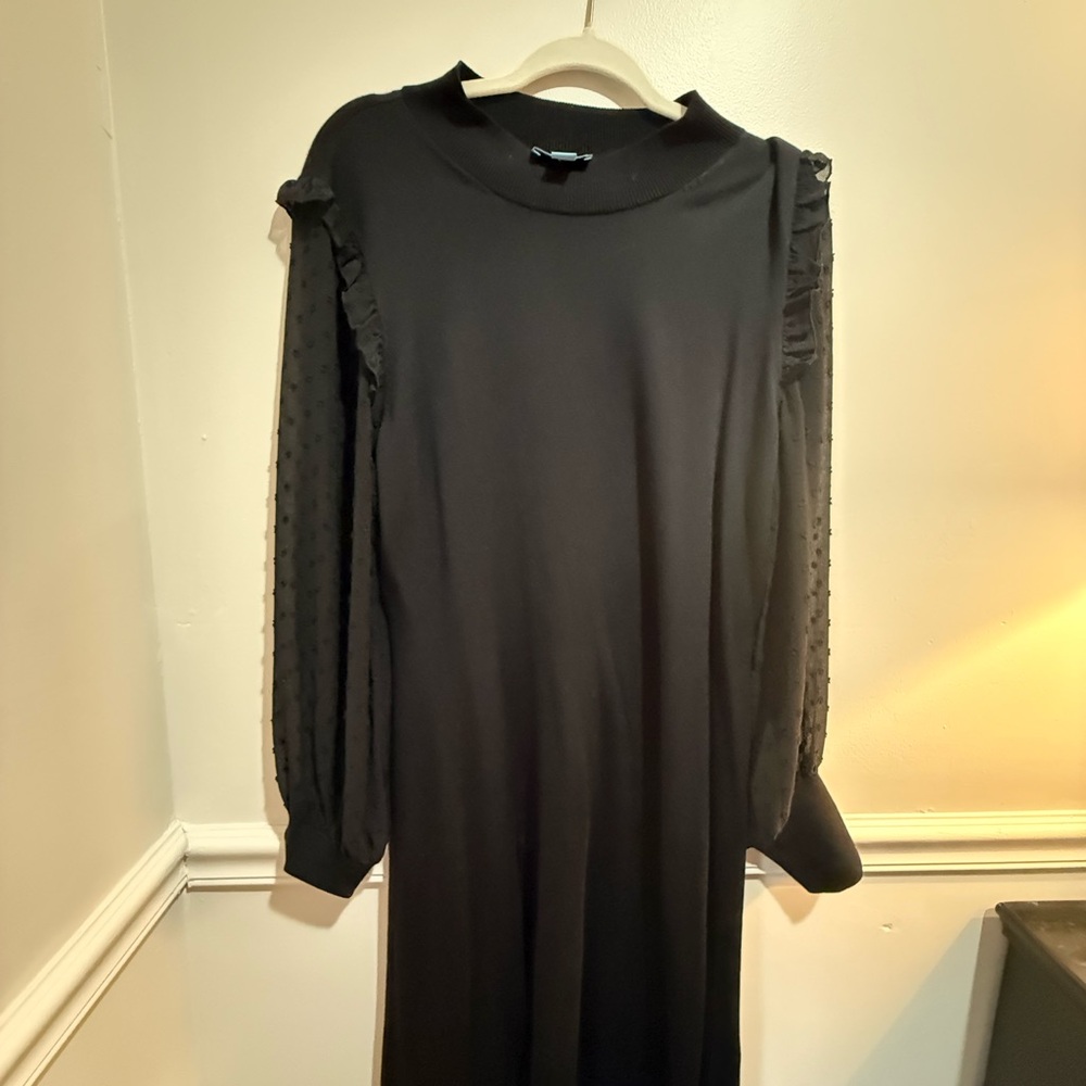CeCe Black Dress with Sheer Polka Dot Sleeves